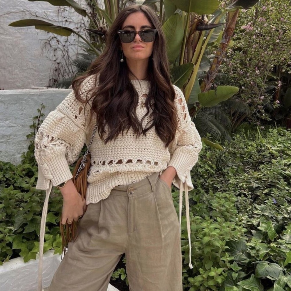 Zara Ecru Cream Open Knit Crochet Sweater with Lace up Detailing